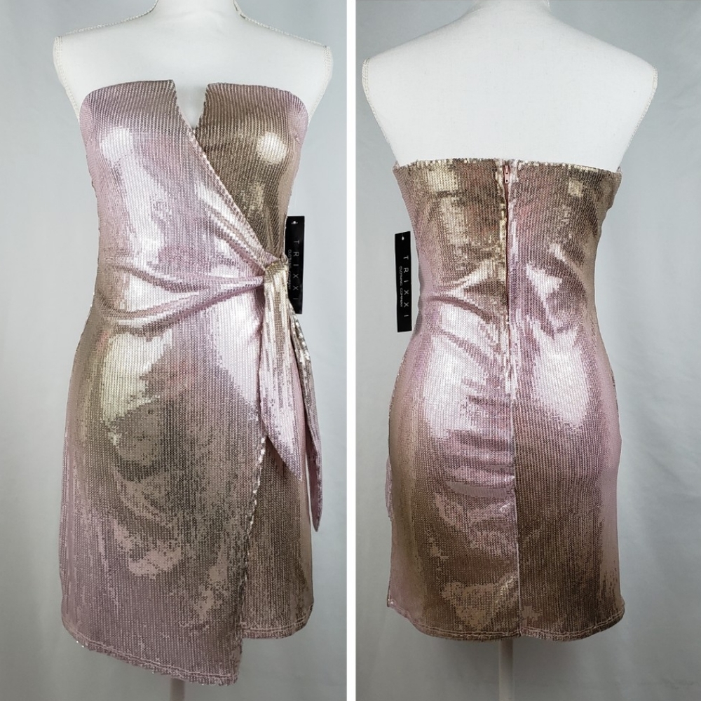 Trixxi Sequin Dress Strapless Rose Gold New NWT